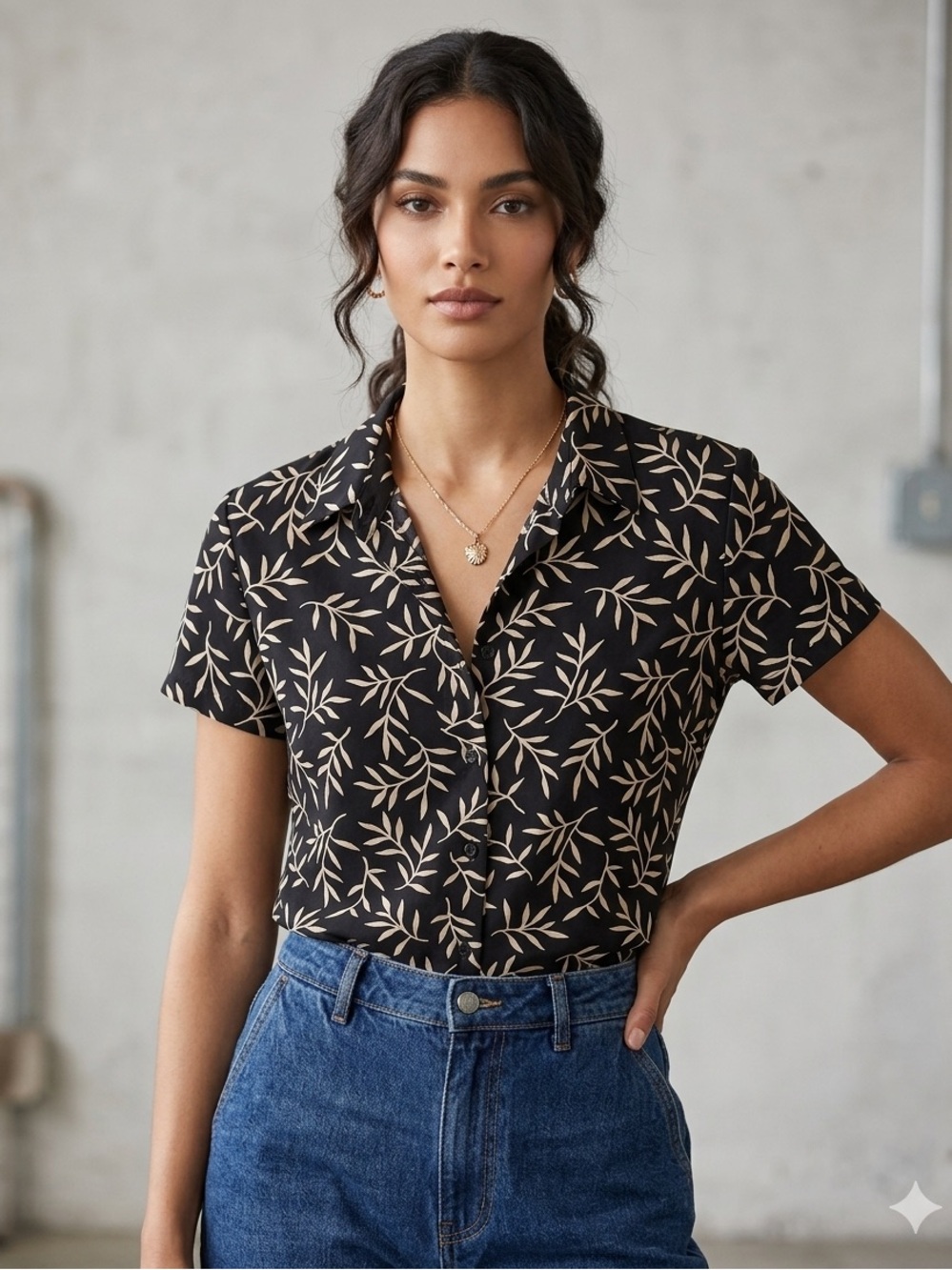 Joan Leslie Vintage Black Button-Front Short Sleeve Top Cream Leaf Motif Size 6P